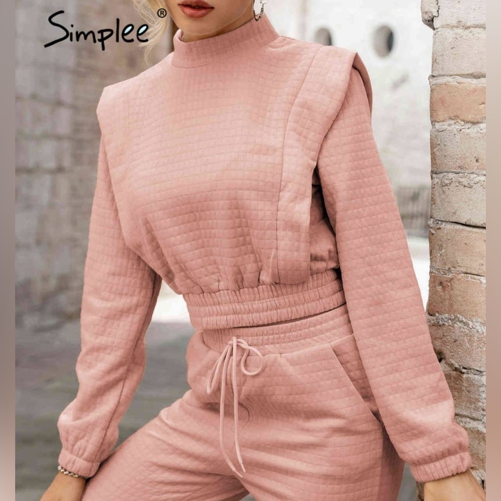 Simplee Womenโs Pink Quilted Long Sleeve Crop Top Mock Neckโ Pullover Size L